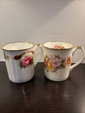 Elizabethan Vintage Floral Porcelain Mugs in White with Pink & Yellow Roses